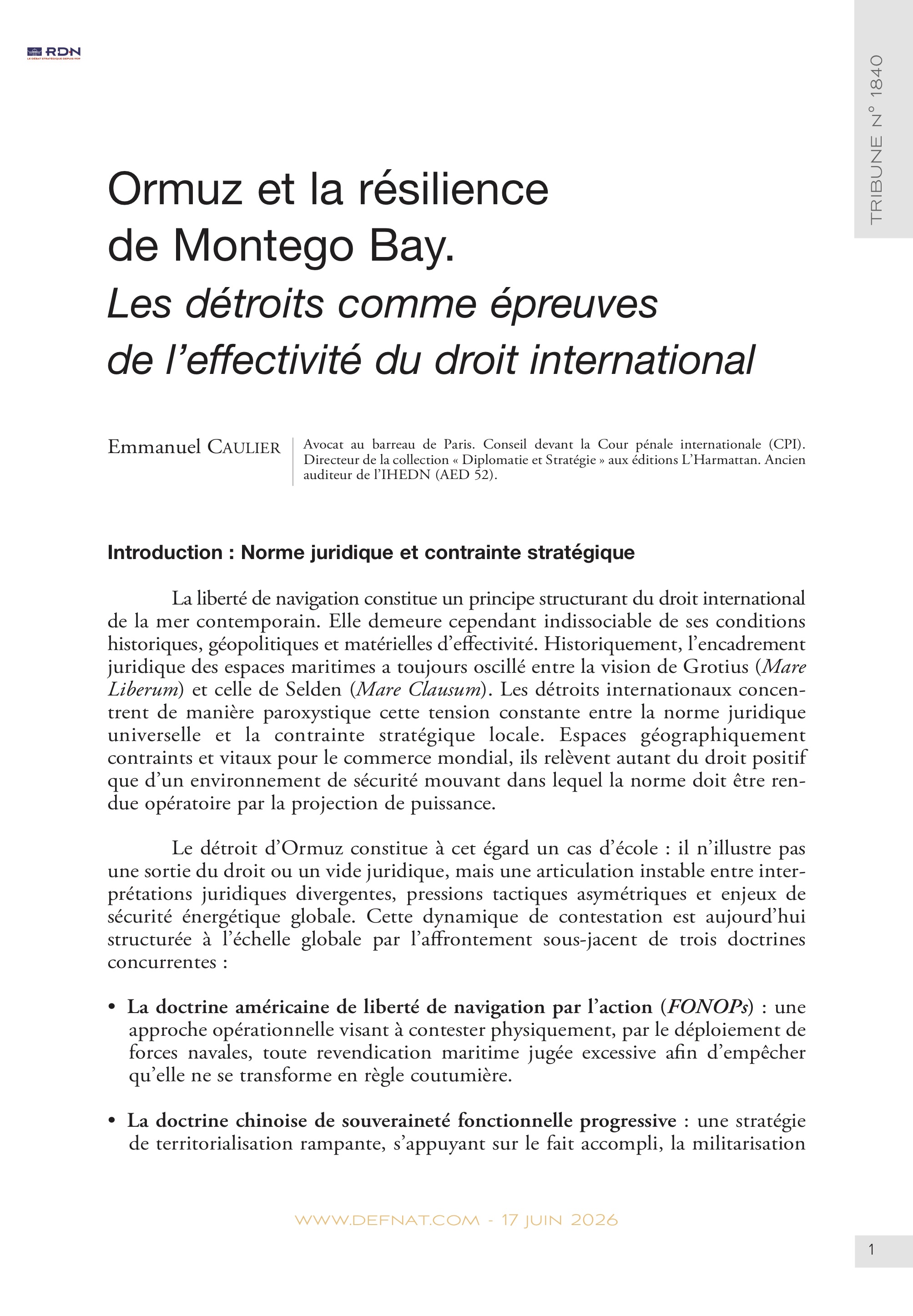 Ormuz et&nbsp;la&nbsp;r&eacute;silience de&nbsp;Montego&nbsp;Bay. Les&nbsp;d&eacute;troits comme&nbsp;&eacute;preuves de&nbsp;l&rsquo;effectivit&eacute; du&nbsp;droit&nbsp;international (T&nbsp;1840)
